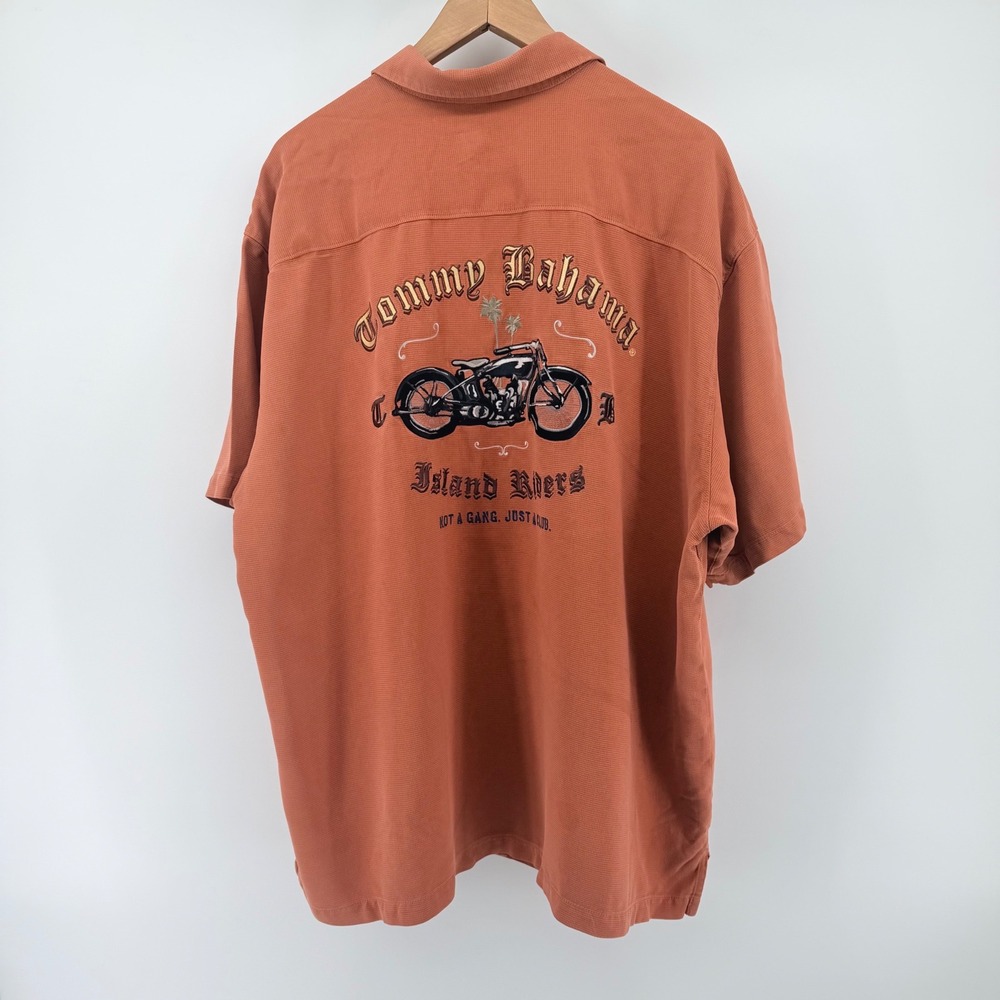 Tommy Bahama Island Riders Motorcycle Silk Shirt Orange XXL Vintage Club Graphic - Picture 5 of 9